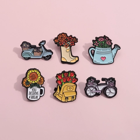 Cartoon Creative Flower Potted Plant Series Brooch Cute Car Sunflower Letter Alloy Enamel Badge For Clothes Bags Jewelry Gift