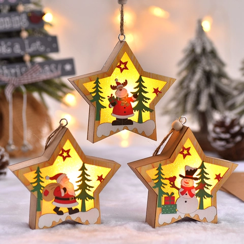 Houten Kerst Hangende Decoratie LED Verlichte Kerstman Sneeuwpop Rendier Ster Rond Boomhanger Feestdagen Huisdecoratie