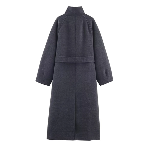 Manteau Long Élégant pour Femme Style Laine Gris Col Montant Ceinturé Épais Polyester Pardessus Coupe Ample Veste d'Hiver