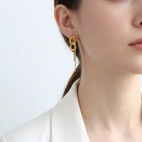 Titanium Steel Tassel Dangle Earrings 18K Gold Plated Double Interlocking Rings Chain Fringe Minimalist Drop Jewelry Women