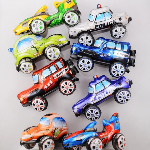 Ballons en Aluminium de Véhicule de Dessin Animé 3D Voiture de Course Police Jeep Ballons en Film d'Aluminium Accessoires de Décoration de Fête d'Anniversaire pour Enfants