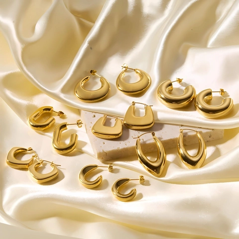 Pendientes De Aro Gruesos Chapados En Oro De 18K Acero Inoxidable Geométricos Forma C Huecos Joyería Minimalista Mujer