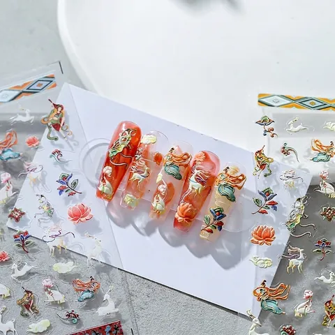 Autocollants À Ongles Gaufrés 5D Style Chinois Vintage Art Dunhuang Autocollants Auto-Adhésifs Ultra Minces Décoration Manucure DIY