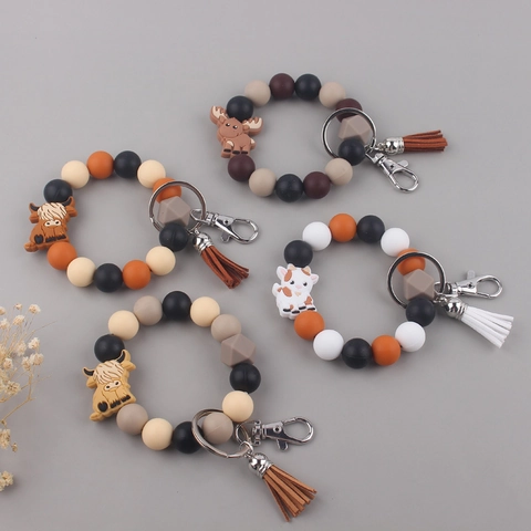 Handgefertigt Silikon Perlen Schlüsselanhänger Armband Mit Hochlandkuh Hirsch Tier Anhänger Leder Quaste Armreif Damen Schmuck