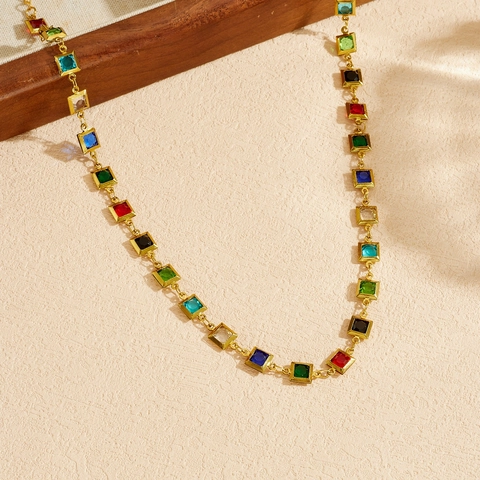 Colorful Square Gemstone Necklace And Bracelet Jewelry Gold Plated Stainless Steel Bohemia Trendy For Women