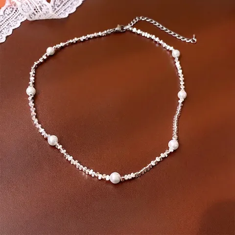 Collana Di Clavicola Geometrica Per Donna Con Perline Di Rame Stile Argento Frantumato E Perla Artificial Bianca Minimalista