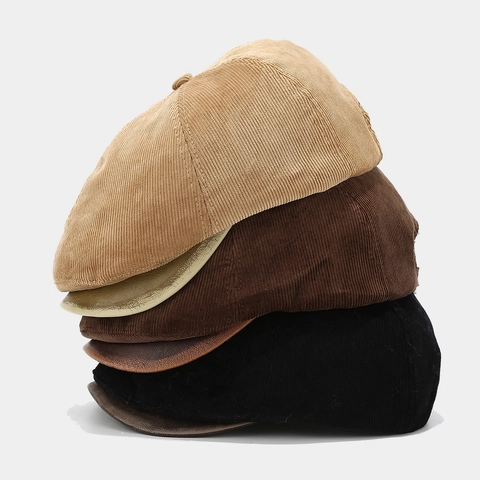 Retro Corduroy Flat Cap For Men Women Adjustable Ivy Newsboy Hat Autumn Winter Warm Solid Color Duckbill Cap Fashion
