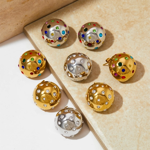 Round Ball Stud Earrings Stainless Steel With Inlaid Colorful Rhinestones Fashion Jewelry For Women