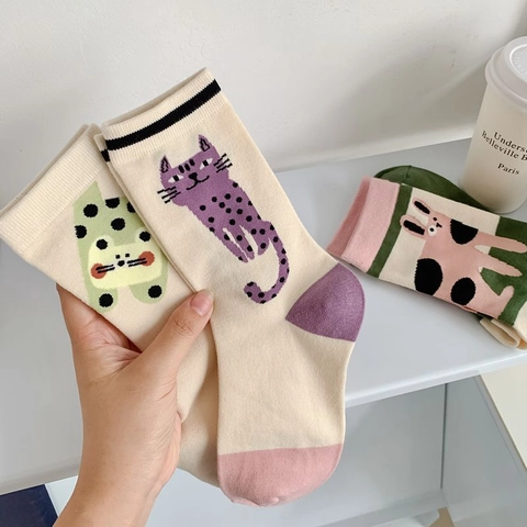 Calcetines Crew Para Mujer Lindo Patrón De Gato De Dibujos Animados Mezcla De Algodón Jacquard Estilo Japonés
