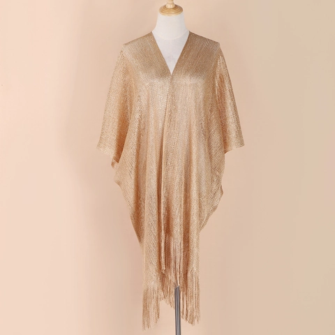 Elegante Scialle da Donna in Maglia di Seta Lucida Con Frange Tinta Unita Lucentezza Metallica Leggero per Matrimoni Feste