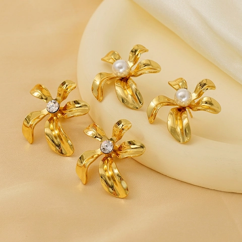 Vintage Unregelmäßige Geometrische Blumen Ohrstecker 18K Vergoldet Edelstahl Mit Künstliche Perle Und Strass Für Damen