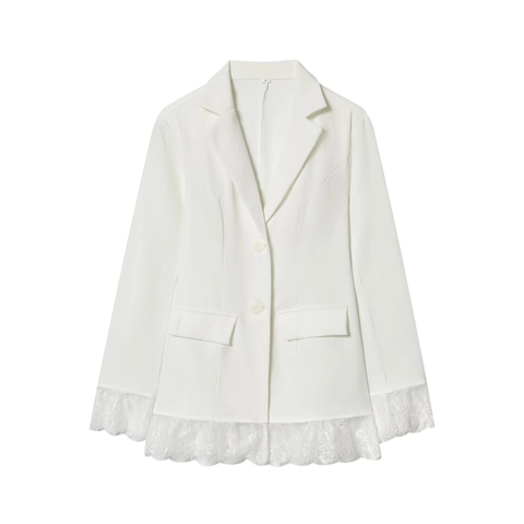 Elegante Kant Patchwork Getailleerde Dames Blazer Lange Mouw Notched Lapel Geknoopte Kantoor Woon-werkverkeer Top