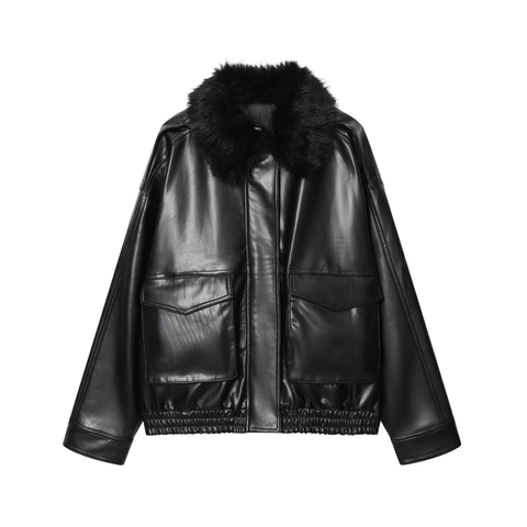 Women Faux Leather Jacket With Faux Fur Collar Long Sleeve Zip Up Casual Fashion Solid Black Outerwear For Autumn Winter