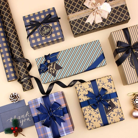 Kraft Gift Wrapping Paper Retro Plaid Stripe Anchor Patterns For Birthday Valentines Day DIY Crafts Decorative