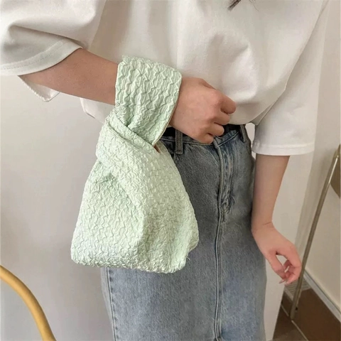 Geknotete Handgelenk Tasche Plissee Popcorn Stoff Mini Eimer Tasche Für Frauen Süße Lässige Alltag Rippen Textur