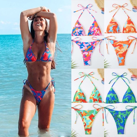 Women Bikini Top And Bottom Swimsuit Halter Neck Tie Side Triangle Abstract Camouflage Print Sexy Beachwear Polyester