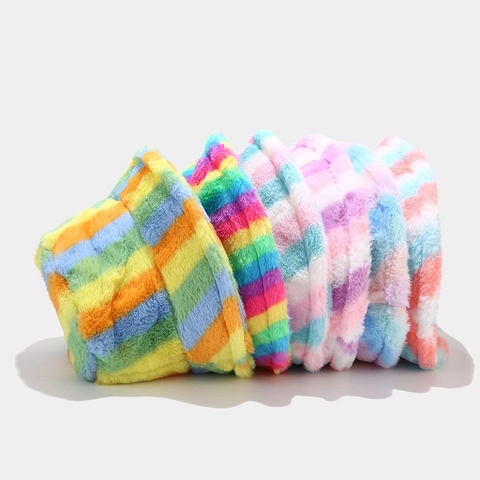 Rainbow Striped Plush Bucket Hat For Women Winter Warm Faux Fur Soft Fluffy Wide Brim Fisherman Hat Sunshade Basin Cap Accessory
