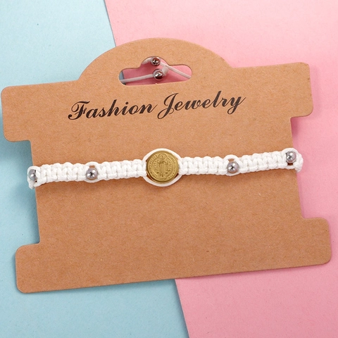 Pulsera Medalla San Benito Acero Inoxidable Cuerda Cera Tejida Joyería Religiosa Ajustable Para Hombres Mujeres