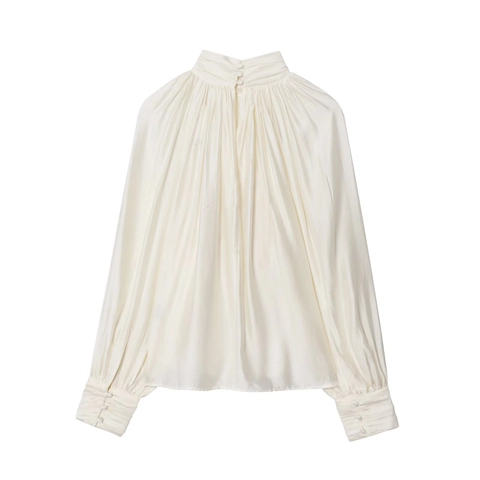 Camicetta da Donna in Raso a Collo Alto Plissettata a Manica Lunga Elegante Casual Ampia Tinta Unita Streetwear Pullover