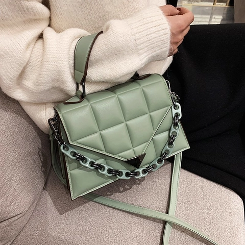 Women Quilted Rhombus Shoulder Bag PU Leather With Resin Chain Crossbody Handbag Triangle Buckle Fashion Trendy