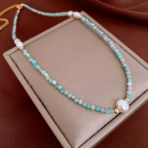 Amazonit Und Künstliche Perlen Halskette Echt Vergoldetes Kupfer Handgefertigt Neuem Chinesischen Stil Minimalistischer Choker