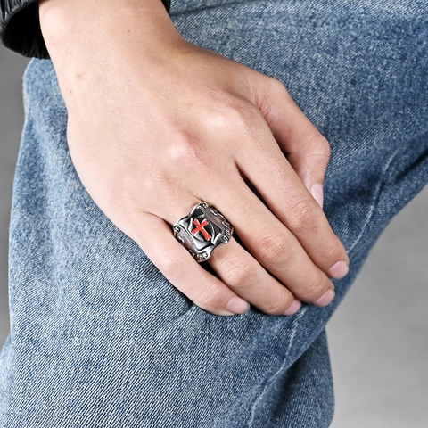 Anello Scudo Crociato Da Uomo In Acciaio Inossidabile Croce Rossa Cavaliere Vintage Gioielli Punk