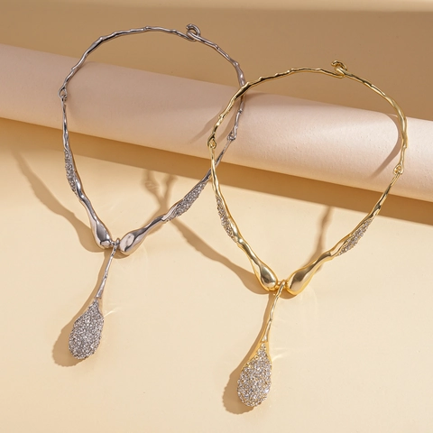 Collar Choker De Metal Líquido Textura Fundida Irregular Con Colgante De Gota De Agua De Strass Aleación Vintage Lujo Para Mujer
