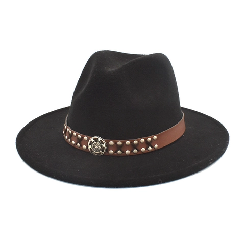 Wide Brim Fedora Hat Woolen Felt Retro Western Style Leather Band Metal Rivets Medallion Unisex Jazz Cap
