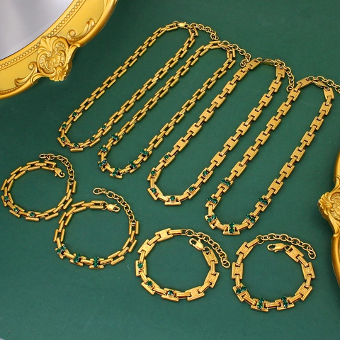Set di Gioielli in Acciaio Inossidabile Placcato Oro 18K Vintage Francese Collana Bracciale a Catena Geometrica Zirconia Donna Accessori