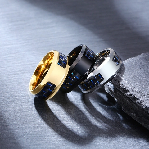 Anello Da Uomo Acciaio Inossidabile Intarsio In Fibra Di Carbonio Blu Incisione Laser Gioielli Stile Punk Regalo