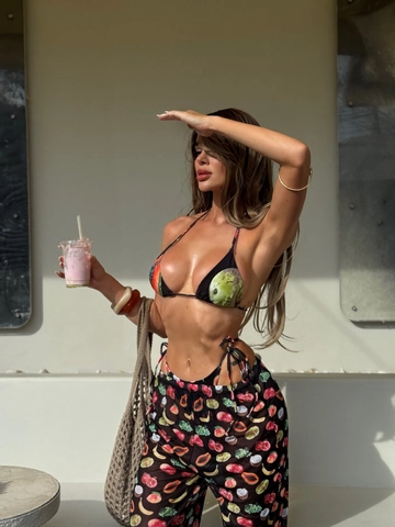 Women Bikini Top Bottom And Mesh Wide Leg Pants Tropical Fruit Print Halter Tie Side Sexy Beach Vacation Swimwear