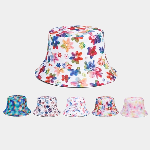 Bucket Hat Reversible Floral Tie Dye Print Polyester Summer Outdoor Sun Protection Casual Foldable Travel Sunshade
