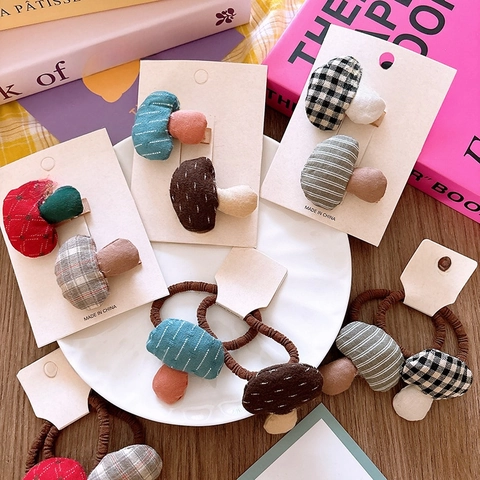 Accessori Per Capelli A Fungo Carino Tessuto Quadri Righe Fermagli E Elastici Per Bambine Ragazze Stile Coreano