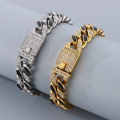 Men Cuban Link Armband Iced Out Rhinestone Titan Edelstahl Kette Schwarz Emaille Hip Hop Punk Schmuck