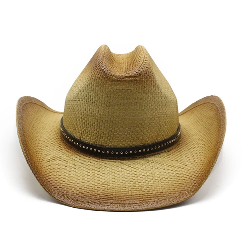 Western Cowboy Straw Hat Wide Brim Paper Straw Sun Protection Retro Style With Riveted Leather Band