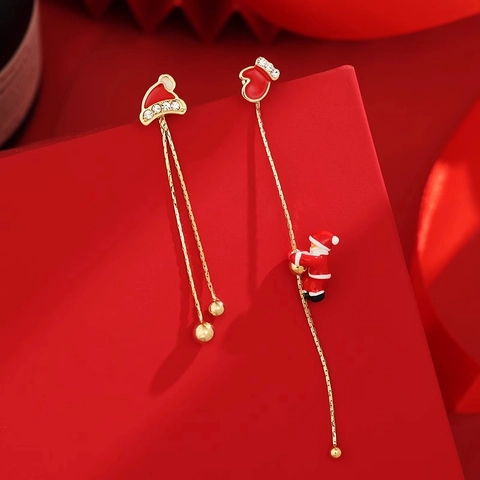 Weihnachtsmann Klettern Asymmetrische Ohrringe Legierung Strass Emaille Weihnachten Thema Lange Kette Quaste Schneeflocke Schmuck Für Damen