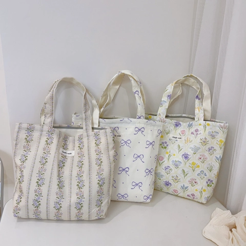 Mini Floral Canvas Handbag Small Cotton Tote Bag With Zip Closure Fresh Pastoral Style Portable Lunch Bag For Women