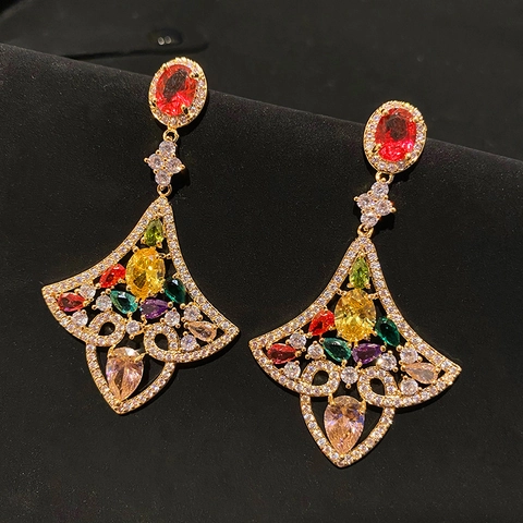 Orecchini Pendenti Vintage A Forma Di Ventaglio Con Zircone Colorato E Perno In Argento Sterling 925 Gioielli Di Lusso