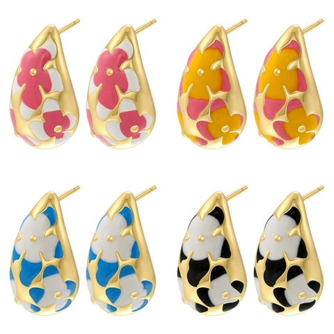 Boucles Doreilles Puces Émaillées Goutte Deau Élégantes Motif Floral Cuivre Plaque Or Bijoux Pour Femmes