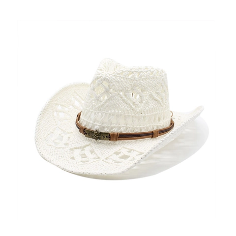 Hollow Out Straw Cowboy Hat Breathable Sun Protection Western Style Summer Beach Hat With Vintage Skull Decor For Women Men