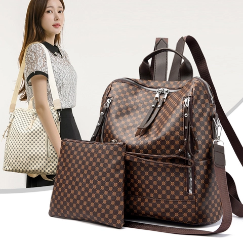 Vintage Printed PU Leather Backpack And Pouch For Women Fashion Large Capacity Travel Schoolbag Commute Ladies Rucksack
