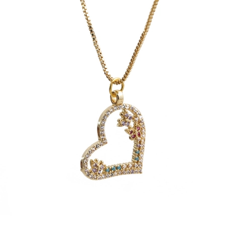 Copper Heart Pendant Necklace Gold Plated Colorful Zircon Butterfly Evil Eye Box Chain Jewelry For Women Girls