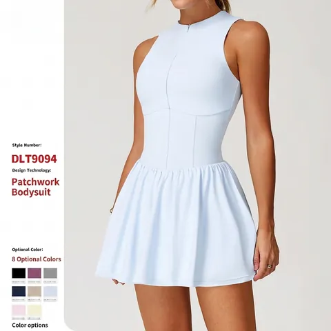 Vestito Da Tennis Donna Senza Maniche Collo Alto Zip Pieghettato Abbigliamento Con Pantaloncini Integrati Tasca Elastan