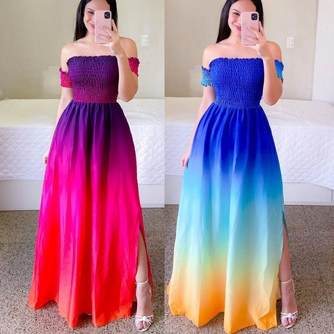 Off Shoulder Maxi Kleid Polyester Blumendruck Gesmoktes Oberteil Seitenschlitz Sommer Strand Urlaub Langes Kleid