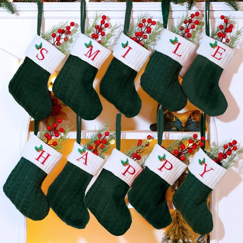 Christmas Stockings Knitted Blended Fabric Letter Embroidery Forest Green White Cable Knit Holiday Hanging Gift Bags