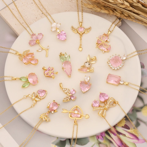 Copper Gold Plated Necklace For Women Girls With Pink Cubic Zirconia Butterfly Heart Flower Bowknot Pendant Sweet Jewelry