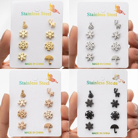 Stainless Steel Christmas Stud Earrings Snowflake Reindeer Tree Umbrella Festive Ear Studs For Women Minimalist Jewelry