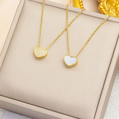 Heart Pendant Necklace Titanium Steel Mother Of Artificial Pearl Shell Inlaid Cubic Zirconia Non-Tarnish Minimalist Jewelry For Women