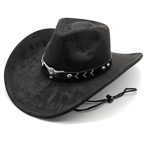Western Cowboy Hat Faux Suede Wide Brim With Bull Head Buckle Rivet Belt Adjustable Windproof Rope Outdoor Retro Style