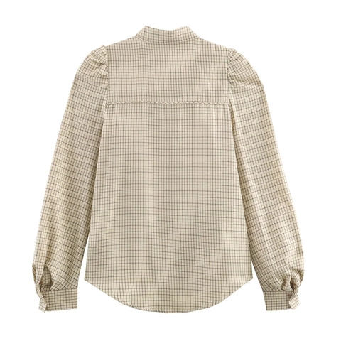 Women Plaid Long Sleeve Blouse With Bow Tie Neck And Puff Sleeves Casual Button Down Polyester Top